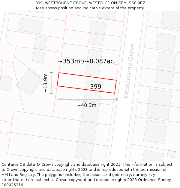 399, WESTBOURNE GROVE, WESTCLIFF-ON-SEA, SS0 0PZ: Plot and title map