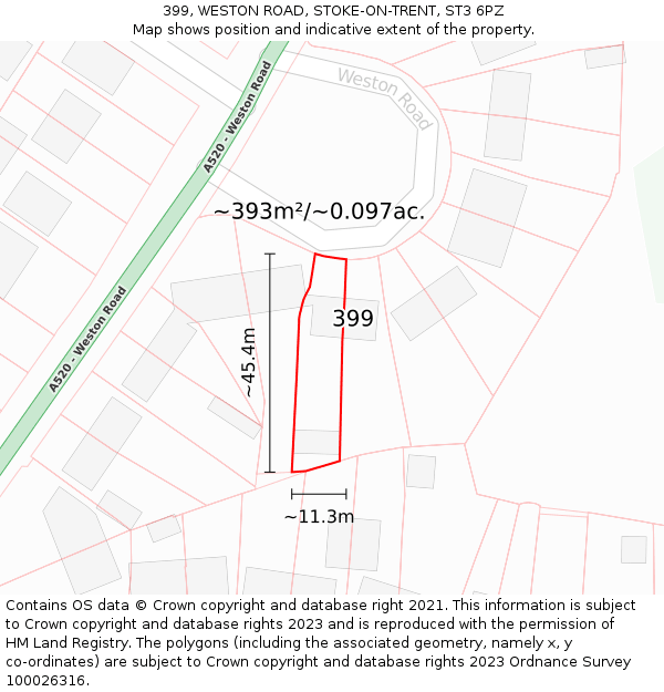 399, WESTON ROAD, STOKE-ON-TRENT, ST3 6PZ: Plot and title map