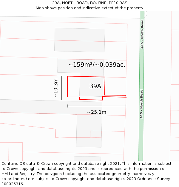 39A, NORTH ROAD, BOURNE, PE10 9AS: Plot and title map