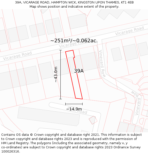 39A, VICARAGE ROAD, HAMPTON WICK, KINGSTON UPON THAMES, KT1 4EB: Plot and title map