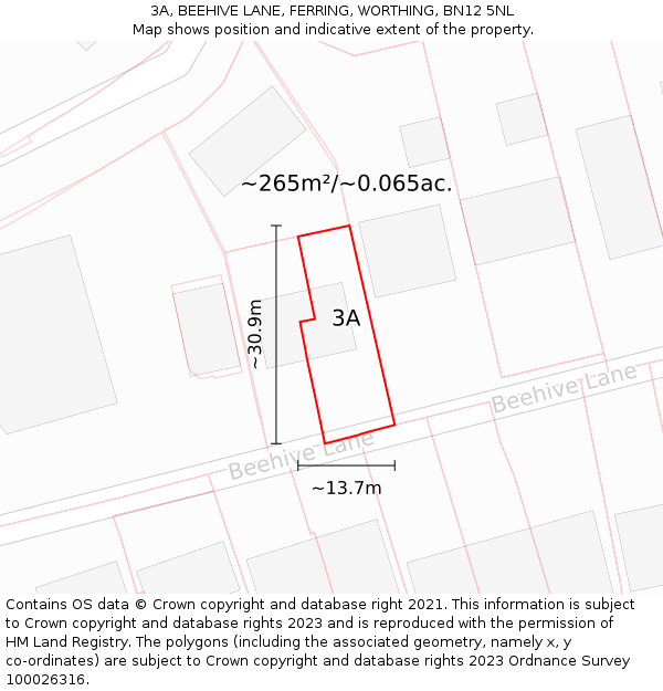 3A, BEEHIVE LANE, FERRING, WORTHING, BN12 5NL: Plot and title map