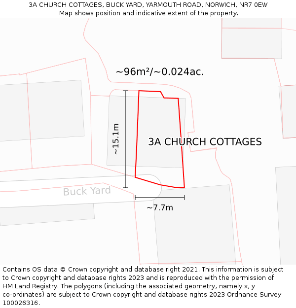 3A CHURCH COTTAGES, BUCK YARD, YARMOUTH ROAD, NORWICH, NR7 0EW: Plot and title map