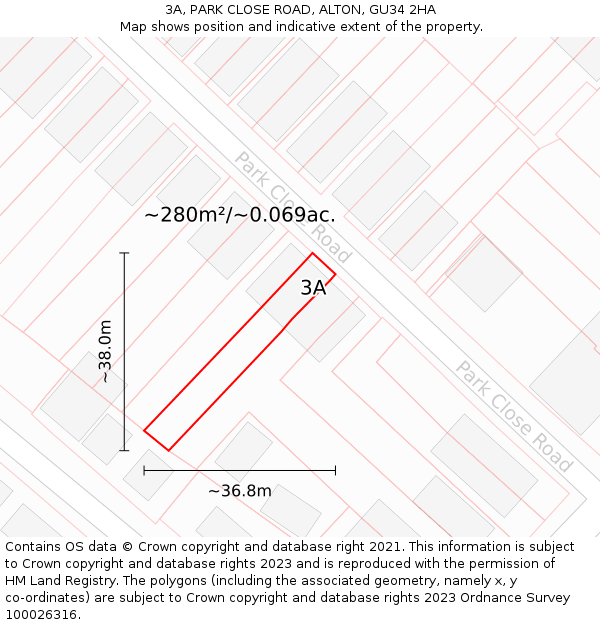 3A, PARK CLOSE ROAD, ALTON, GU34 2HA: Plot and title map