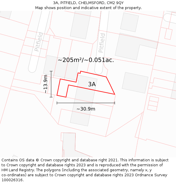 3A, PITFIELD, CHELMSFORD, CM2 9QY: Plot and title map