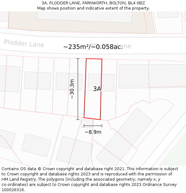 3A, PLODDER LANE, FARNWORTH, BOLTON, BL4 0BZ: Plot and title map