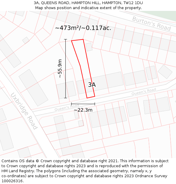 3A, QUEENS ROAD, HAMPTON HILL, HAMPTON, TW12 1DU: Plot and title map