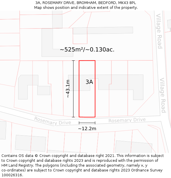 3A, ROSEMARY DRIVE, BROMHAM, BEDFORD, MK43 8PL: Plot and title map