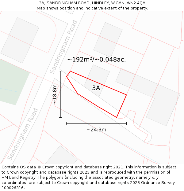 3A, SANDRINGHAM ROAD, HINDLEY, WIGAN, WN2 4QA: Plot and title map