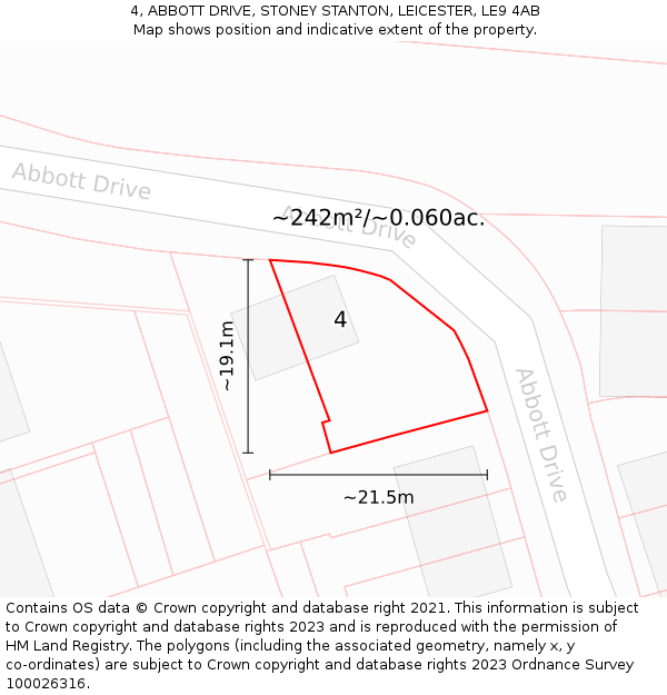4, ABBOTT DRIVE, STONEY STANTON, LEICESTER, LE9 4AB: Plot and title map