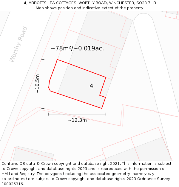 4, ABBOTTS LEA COTTAGES, WORTHY ROAD, WINCHESTER, SO23 7HB: Plot and title map