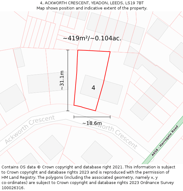 4, ACKWORTH CRESCENT, YEADON, LEEDS, LS19 7BT: Plot and title map