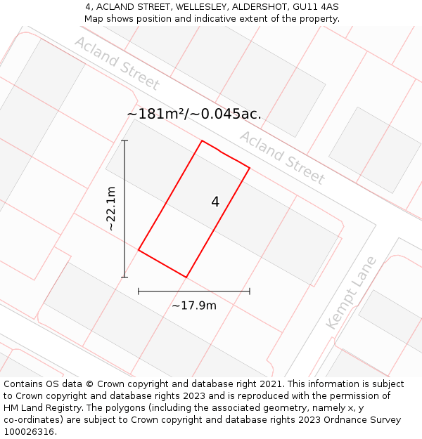 4, ACLAND STREET, WELLESLEY, ALDERSHOT, GU11 4AS: Plot and title map