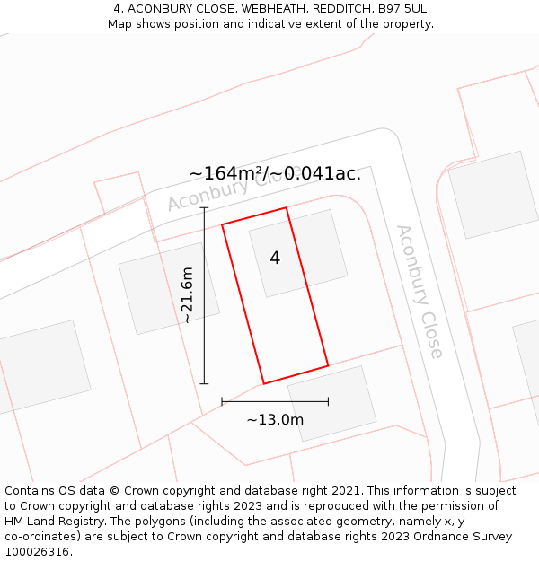 4, ACONBURY CLOSE, WEBHEATH, REDDITCH, B97 5UL: Plot and title map