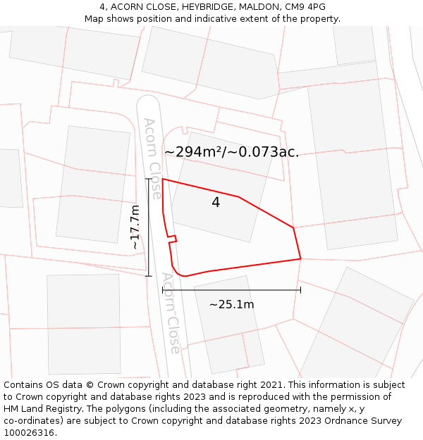 4, ACORN CLOSE, HEYBRIDGE, MALDON, CM9 4PG: Plot and title map