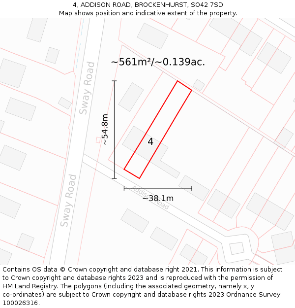 4, ADDISON ROAD, BROCKENHURST, SO42 7SD: Plot and title map