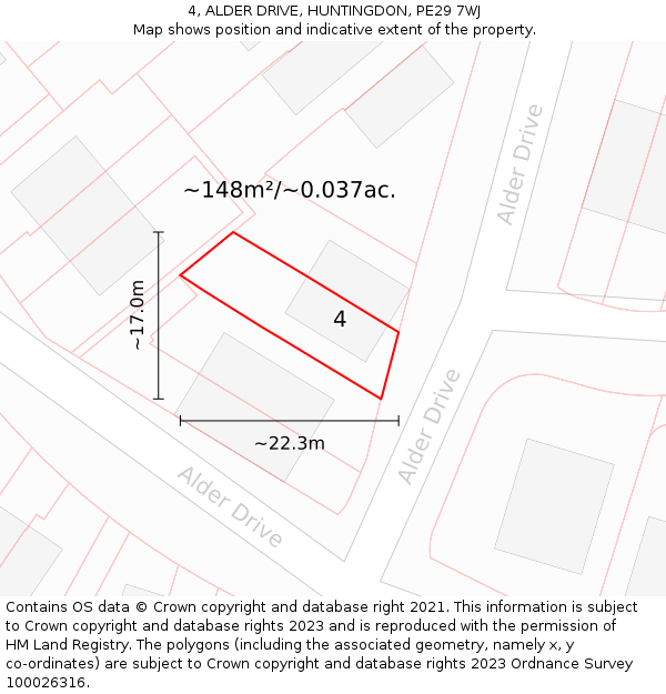 4, ALDER DRIVE, HUNTINGDON, PE29 7WJ: Plot and title map