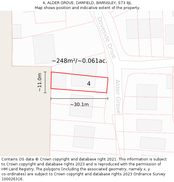 4, ALDER GROVE, DARFIELD, BARNSLEY, S73 9JL: Plot and title map