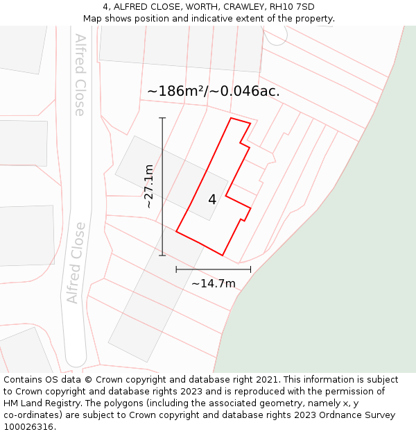 4, ALFRED CLOSE, WORTH, CRAWLEY, RH10 7SD: Plot and title map