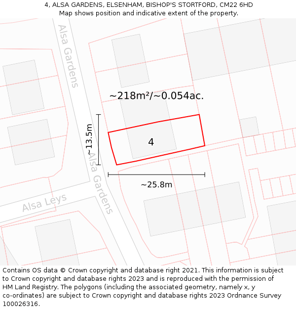4, ALSA GARDENS, ELSENHAM, BISHOP'S STORTFORD, CM22 6HD: Plot and title map