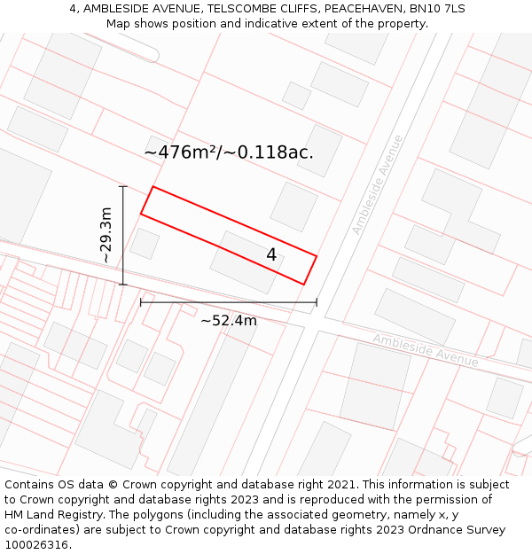 4, AMBLESIDE AVENUE, TELSCOMBE CLIFFS, PEACEHAVEN, BN10 7LS: Plot and title map