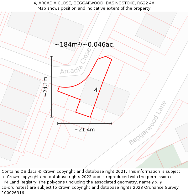 4, ARCADIA CLOSE, BEGGARWOOD, BASINGSTOKE, RG22 4AJ: Plot and title map