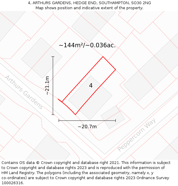 4, ARTHURS GARDENS, HEDGE END, SOUTHAMPTON, SO30 2NG: Plot and title map