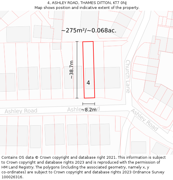 4, ASHLEY ROAD, THAMES DITTON, KT7 0NJ: Plot and title map