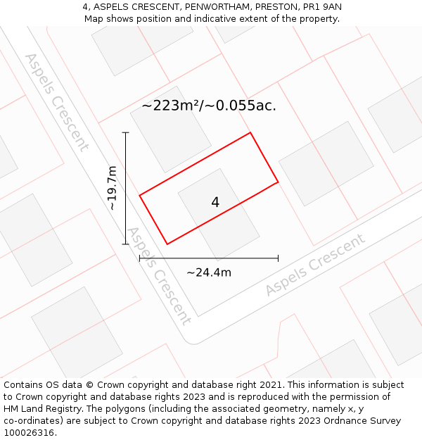 4, ASPELS CRESCENT, PENWORTHAM, PRESTON, PR1 9AN: Plot and title map