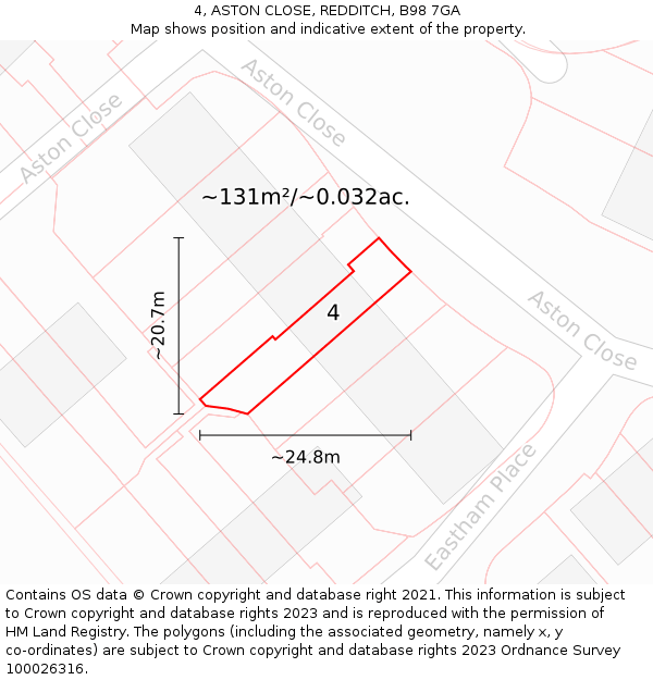 4, ASTON CLOSE, REDDITCH, B98 7GA: Plot and title map