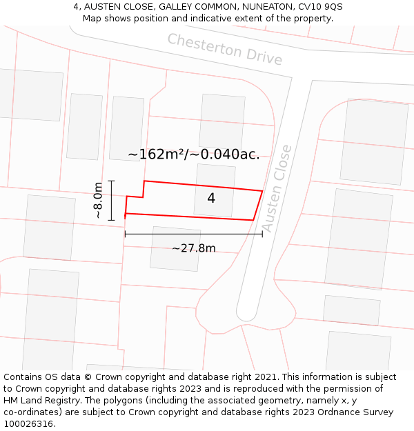 4, AUSTEN CLOSE, GALLEY COMMON, NUNEATON, CV10 9QS: Plot and title map
