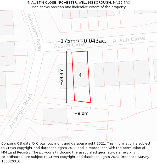 4, AUSTIN CLOSE, IRCHESTER, WELLINGBOROUGH, NN29 7AX: Plot and title map