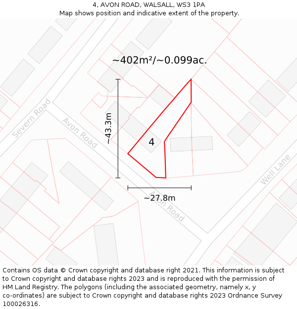 4, AVON ROAD, WALSALL, WS3 1PA: Plot and title map