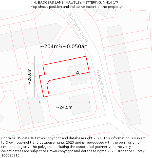 4, BADGERS LANE, MAWSLEY, KETTERING, NN14 1TF: Plot and title map