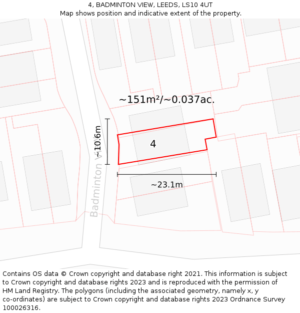 4, BADMINTON VIEW, LEEDS, LS10 4UT: Plot and title map