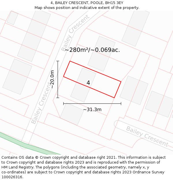 4, BAILEY CRESCENT, POOLE, BH15 3EY: Plot and title map