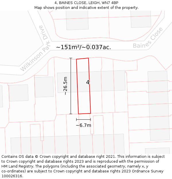 4, BAINES CLOSE, LEIGH, WN7 4BP: Plot and title map