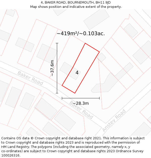 4, BAKER ROAD, BOURNEMOUTH, BH11 9JD: Plot and title map