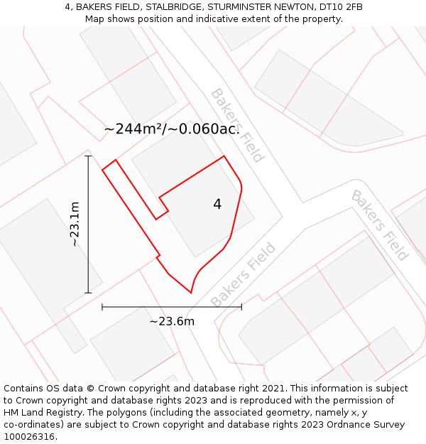 4, BAKERS FIELD, STALBRIDGE, STURMINSTER NEWTON, DT10 2FB: Plot and title map