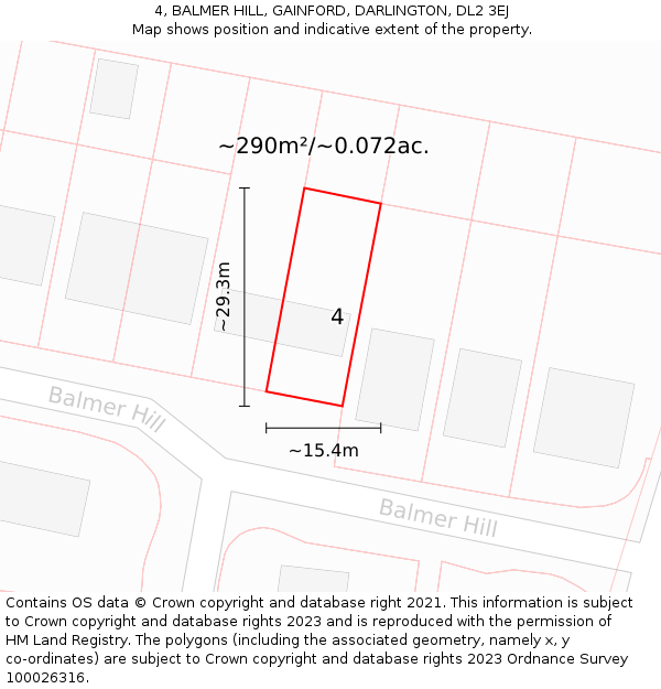 4, BALMER HILL, GAINFORD, DARLINGTON, DL2 3EJ: Plot and title map