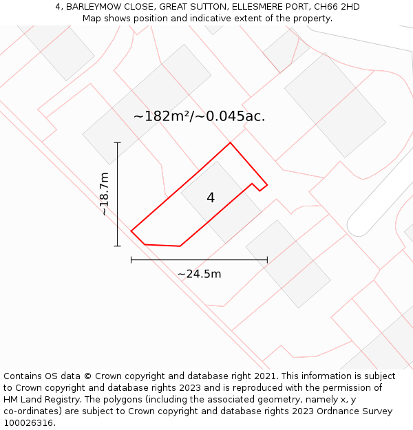 4, BARLEYMOW CLOSE, GREAT SUTTON, ELLESMERE PORT, CH66 2HD: Plot and title map