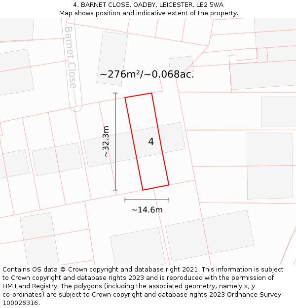 4, BARNET CLOSE, OADBY, LEICESTER, LE2 5WA: Plot and title map