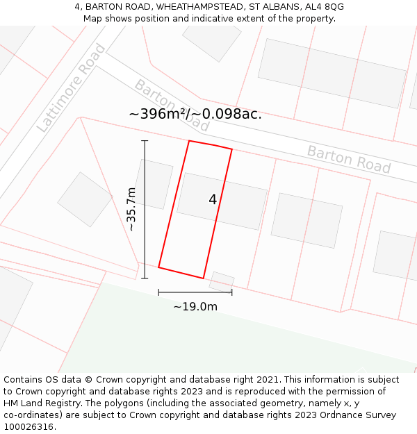 4, BARTON ROAD, WHEATHAMPSTEAD, ST ALBANS, AL4 8QG: Plot and title map