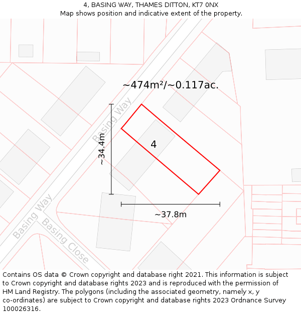 4, BASING WAY, THAMES DITTON, KT7 0NX: Plot and title map