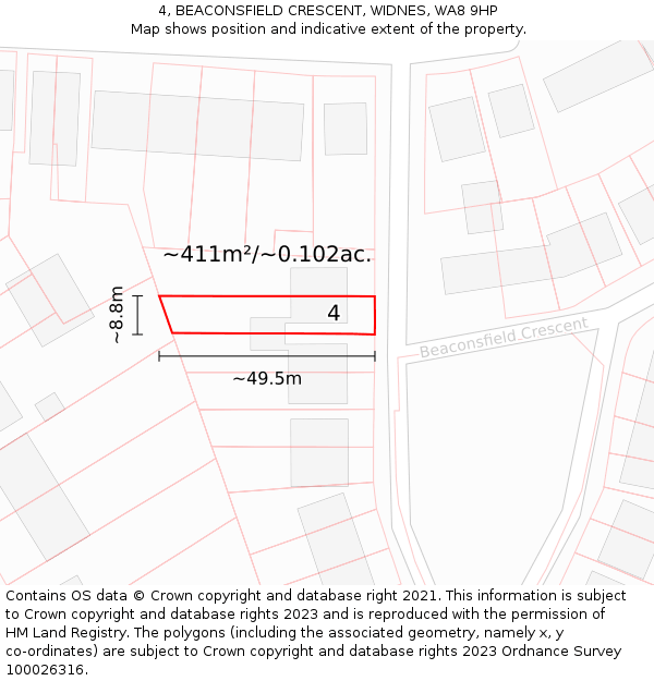 4, BEACONSFIELD CRESCENT, WIDNES, WA8 9HP: Plot and title map
