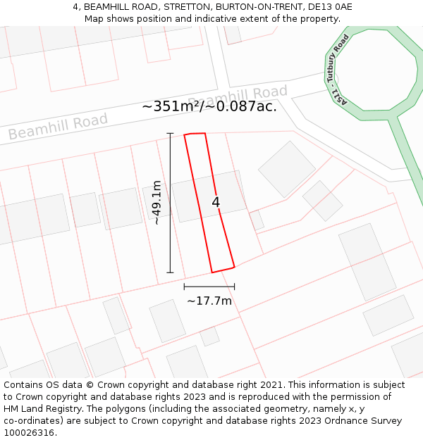 4, BEAMHILL ROAD, STRETTON, BURTON-ON-TRENT, DE13 0AE: Plot and title map