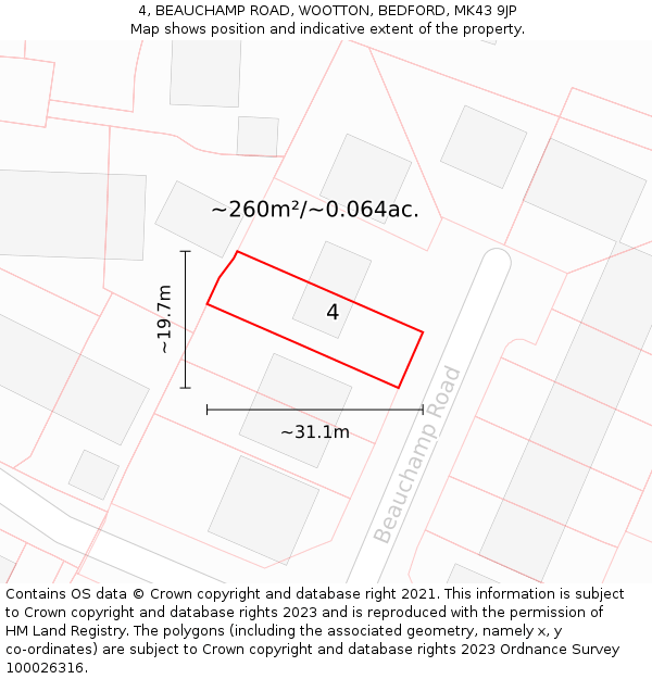 4, BEAUCHAMP ROAD, WOOTTON, BEDFORD, MK43 9JP: Plot and title map