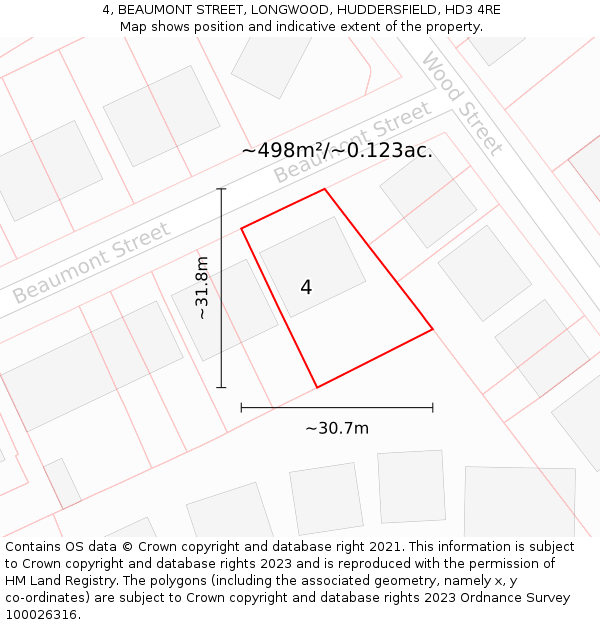 4, BEAUMONT STREET, LONGWOOD, HUDDERSFIELD, HD3 4RE: Plot and title map