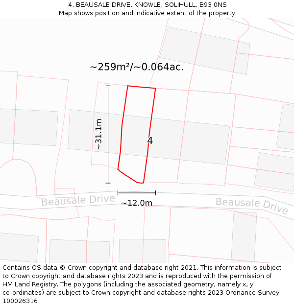 4, BEAUSALE DRIVE, KNOWLE, SOLIHULL, B93 0NS: Plot and title map