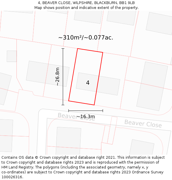 4, BEAVER CLOSE, WILPSHIRE, BLACKBURN, BB1 9LB: Plot and title map