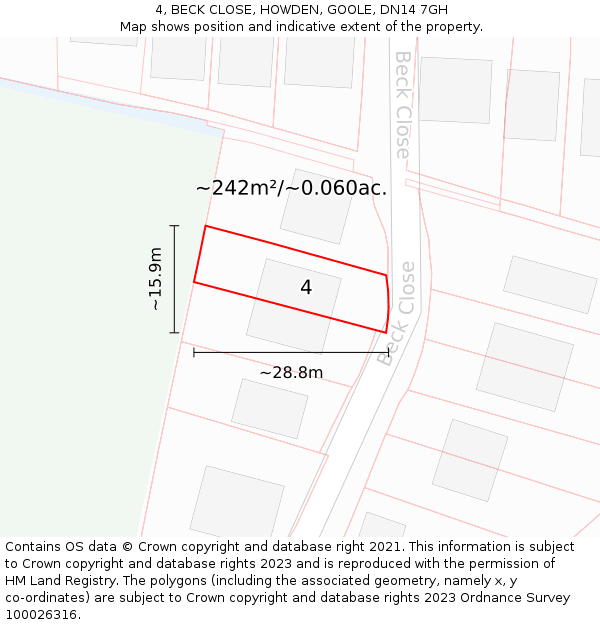 4, BECK CLOSE, HOWDEN, GOOLE, DN14 7GH: Plot and title map
